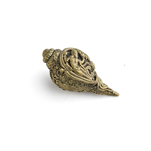 ESPLANADE Brass Narayan Shankh, Vishnu Conch Shell with Vishnu God, Laxmi Maa, and Sheshnag Engraved, 3-Inch Pooja Item, Antique Collectible Piece Light Weight