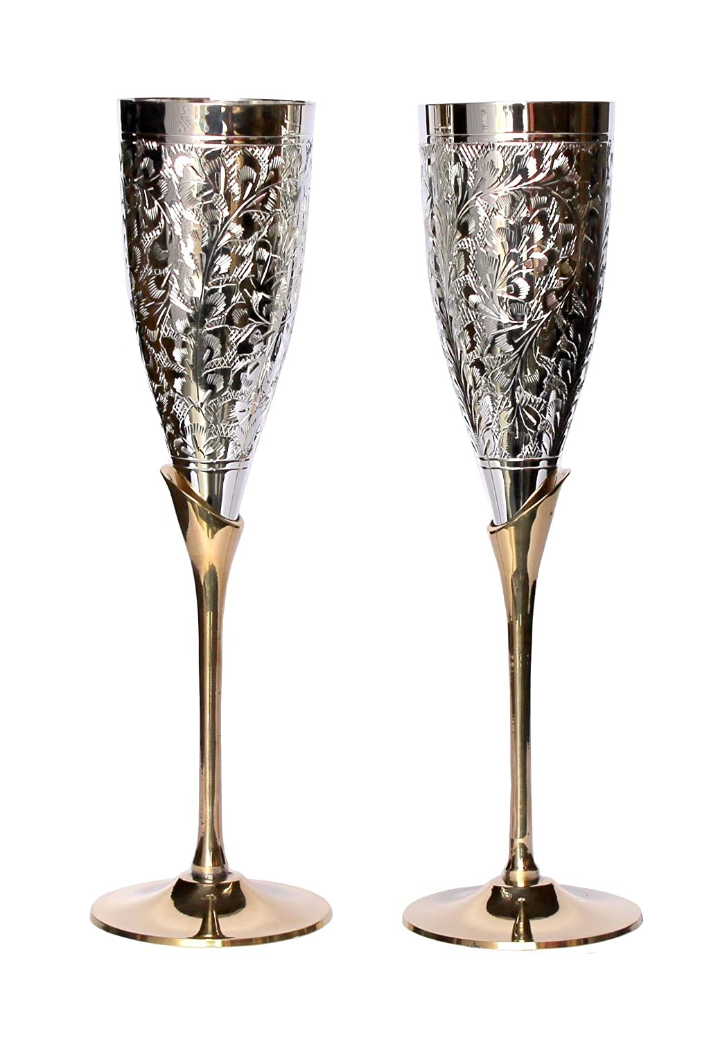 StonKraft eSplanade Engraved Brass Goblet Champagne Glasses Flutes Coupes Wine Glass Set