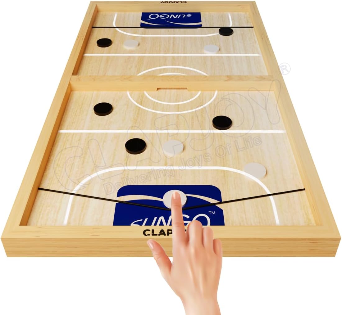 Clapjoy Slingo 2 in 1 Fastest Finger First Board Games for Adults & Kids Wooden String Hockey Game Sling Puck Board Hockey Toy Perfect for Family