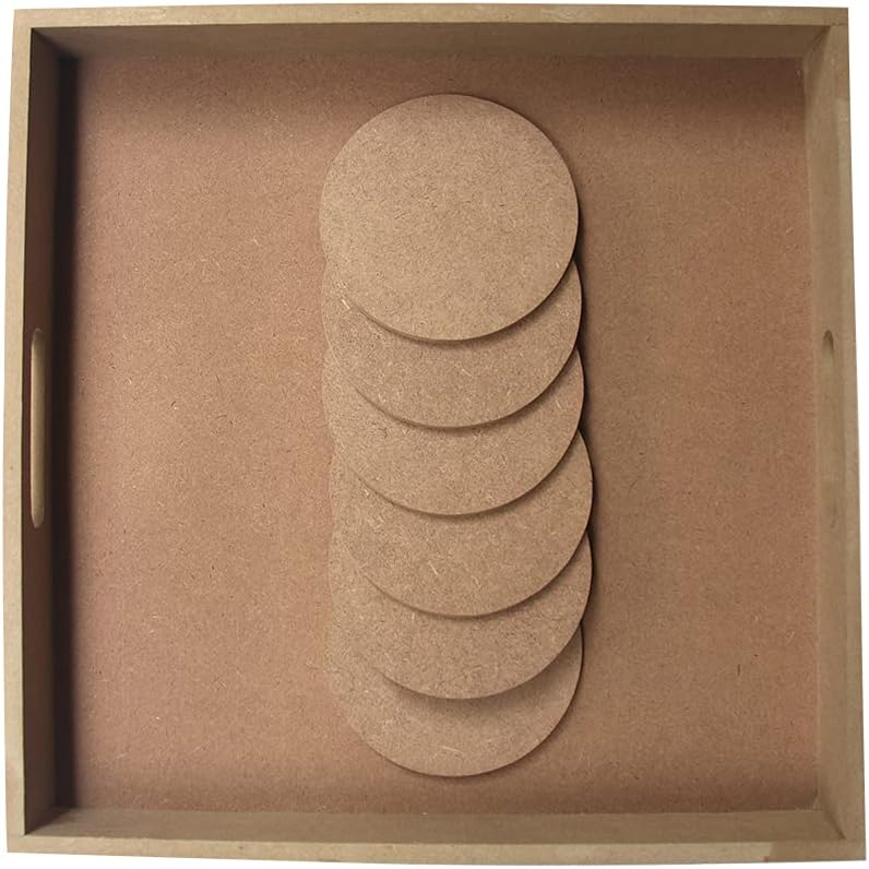 IVEI Do-it-Yourself Square Tray with Plain Round MDF Coasters Set of 6- for Activity - decoupage - DIY Circle MDF Coasters - DIY Tray (11.5in X 11.5in)