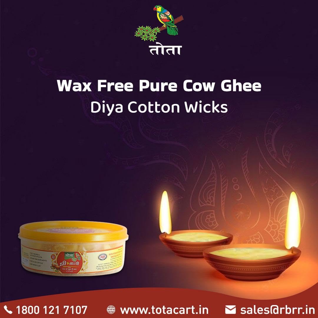 TOTA Pure Cow Ghee Diya Cotton Wick for Puja -50 Ghee Batti | Wax Free Desi Ghee Diya Wick – Pack of 1