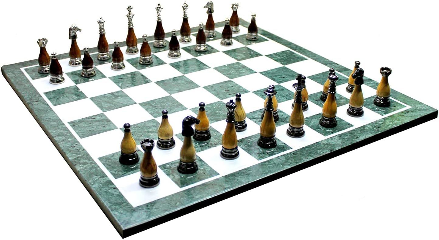 StonKraft Collectible Green Marble Chess Board Set + Brass Wooden Combo Pieces Pawns - Decorative Stone Chess - Home Decor