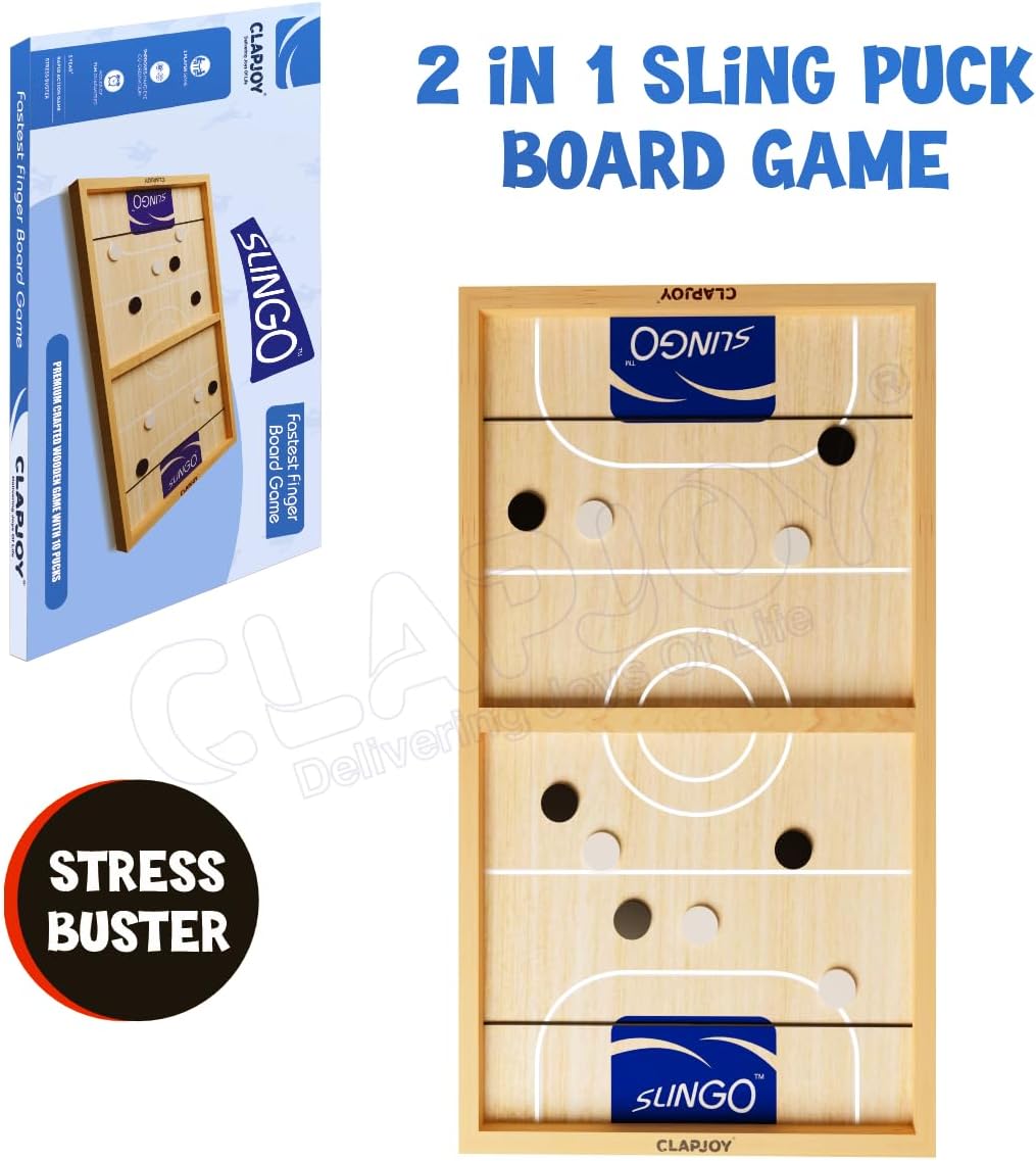 Clapjoy Slingo 2 in 1 Fastest Finger First Board Games for Adults & Kids Wooden String Hockey Game Sling Puck Board Hockey Toy Perfect for Family