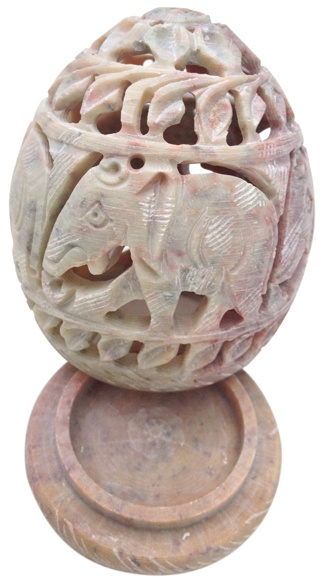 Esplanade Soapstone Candle, Tealight, Votive Holder Sculpture with Elephant Figures and Tendrils Carved on The Side and a Rosette on The Top (Small - Appx. 3 X 2.5 in)