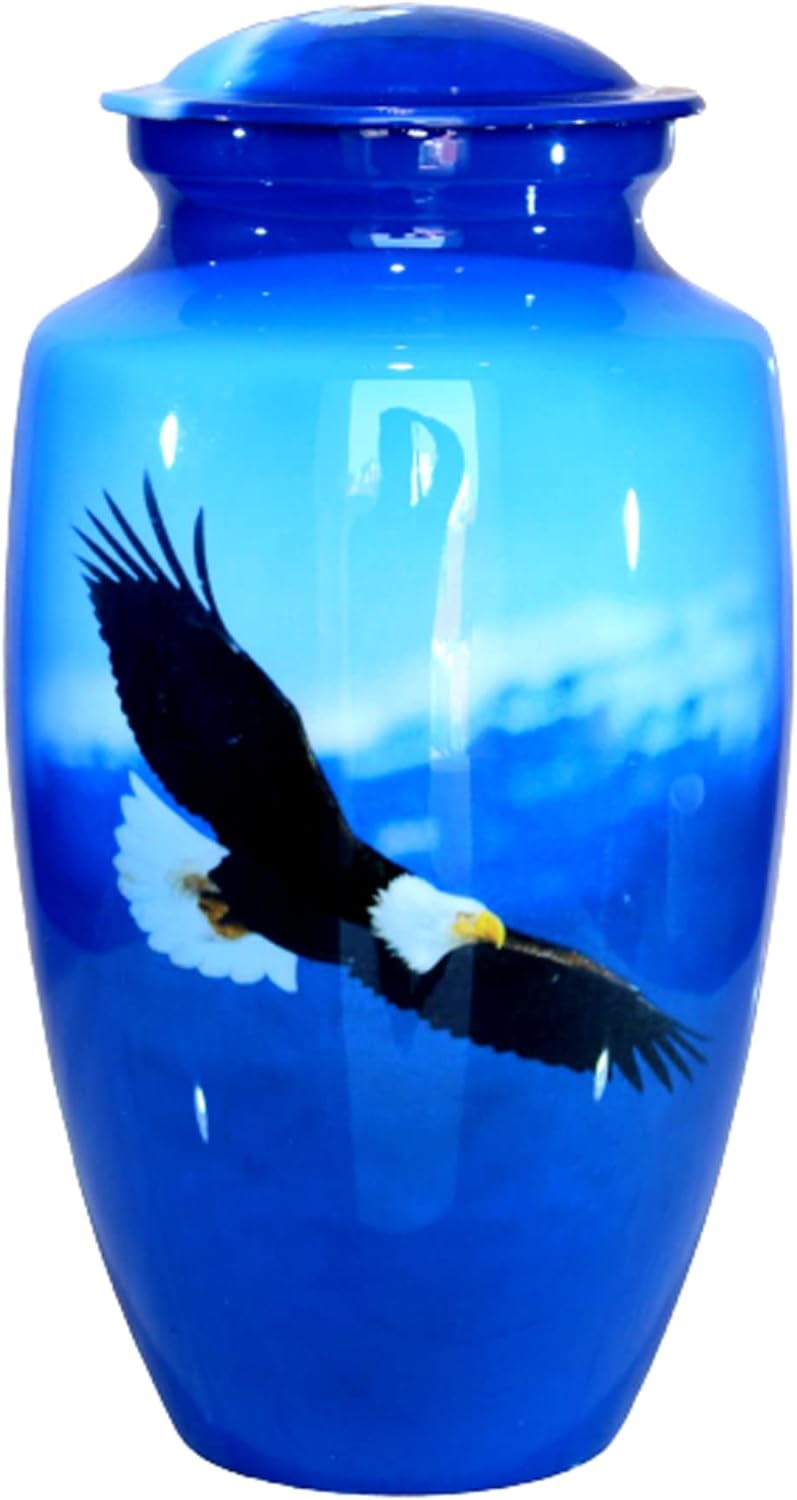 eSplanade Metal Cremation Urn Memorial Jar Pot Container | Full Size Urn for Funeral Ashes Burial | Falcon Printed Urn , Seagull Printed Urn ,White Pigeon Print | Blue - 10" Inches