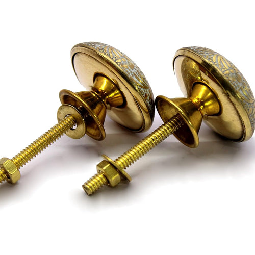 ESPLANADE Brass Engraved Door Knobs Cupboard Pulls Knobs Drawer Handles Almirah Hooks - Set of 2 - White-Golden Flower Design