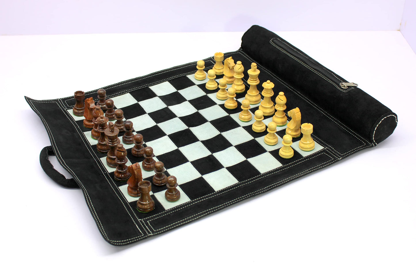 Stonkraft - 19" x 15" - Genuine Roll-Up Leather Chess Set - with Wooden Chess Pieces with Innovative Carry Pouch