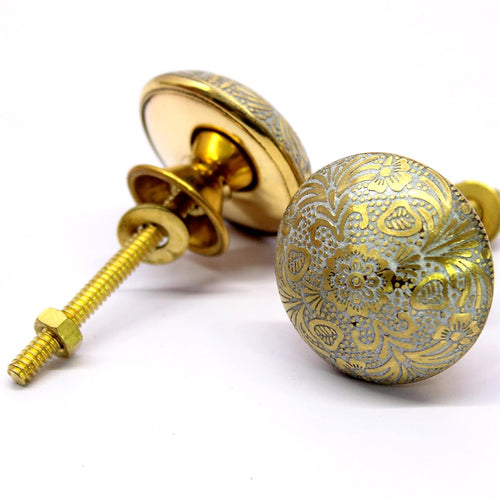 ESPLANADE Brass Engraved Door Knobs Cupboard Pulls Knobs Drawer Handles Almirah Hooks - Set of 2 - White-Golden Flower Design