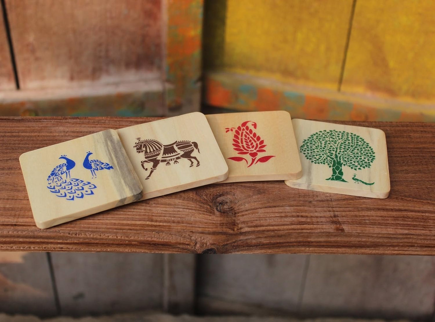 IVEI Sanjhi Print Wooden Coasters - Wood Table Coaster - Dinner Decor Centerpiece Wooden Coaster for Home Kitchen, Office Desk - Decorative Holder for Tea, Coffee Cups - Tabletop Coasters - Set of 4