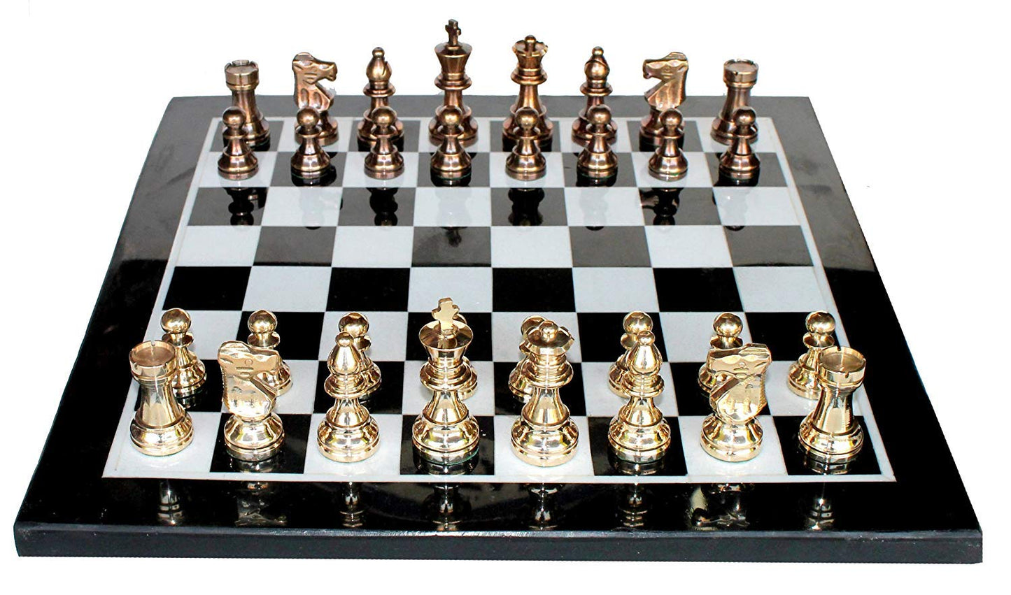 StonKraft Collectible Black & White Marble Chess Board Set + Brass Crafted Chess Pieces Pawns - Decorative Stone Chess - Home Decor - 15" Inches