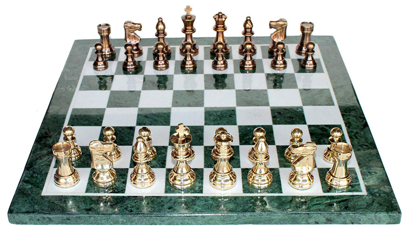 StonKraft Collectible Black Marble and Malachite Chess Board Set + Wooden Brass Combo Chess Pieces - Decorative Stone Chess - Home Decor