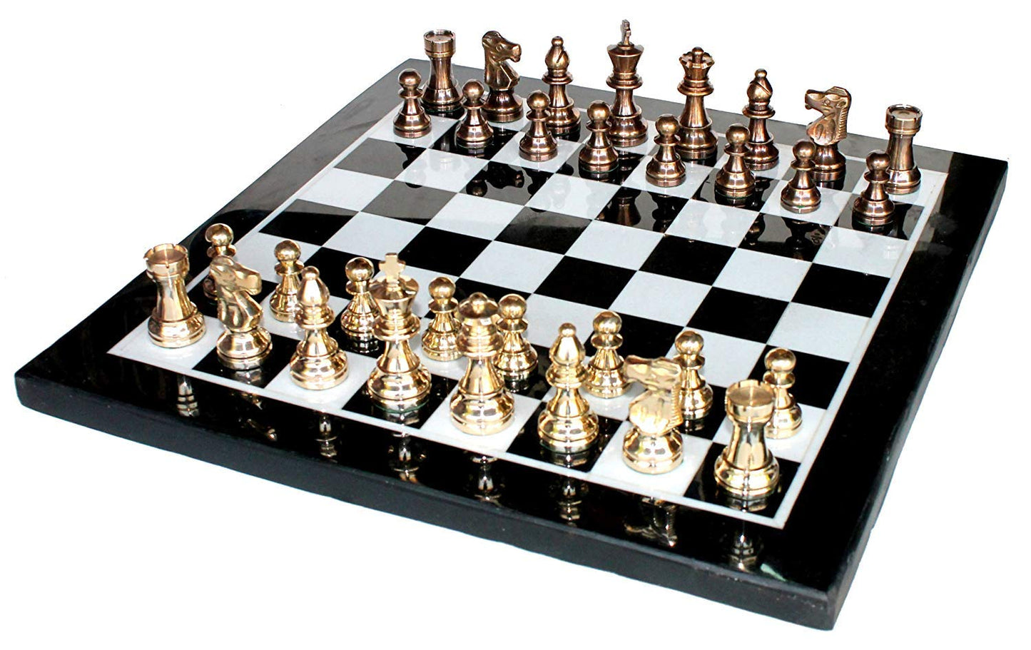 StonKraft Collectible Black & White Marble Chess Board Set + Brass Crafted Chess Pieces Pawns - Decorative Stone Chess - Home Decor - 15" Inches