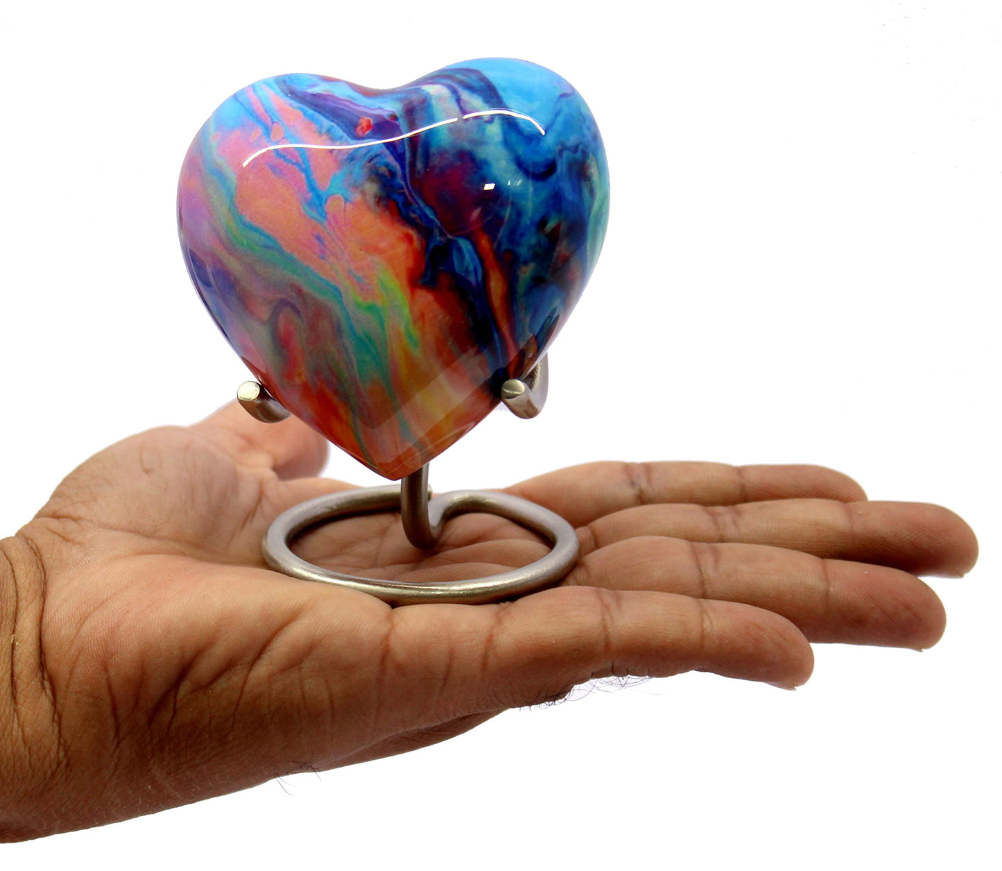 eSplanade Metal Mini Cremation Urn Heart-shaped Keepsake Memorial Jar Pot Container | Small Urn for Funeral Ashes Burial | Wave Textured Metal Keepsake with Stand | Multicolor