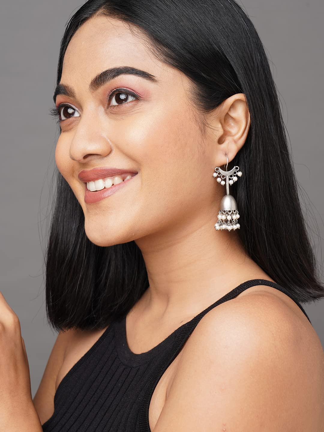 Binnis wardrobe Dual-Toned textured long Jhumka with hanging pearl handcrafted earrings