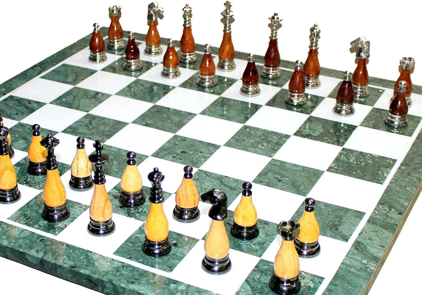 StonKraft Collectible Green Marble Chess Board Set + Brass Wooden Combo Pieces Pawns - Decorative Stone Chess - Home Decor