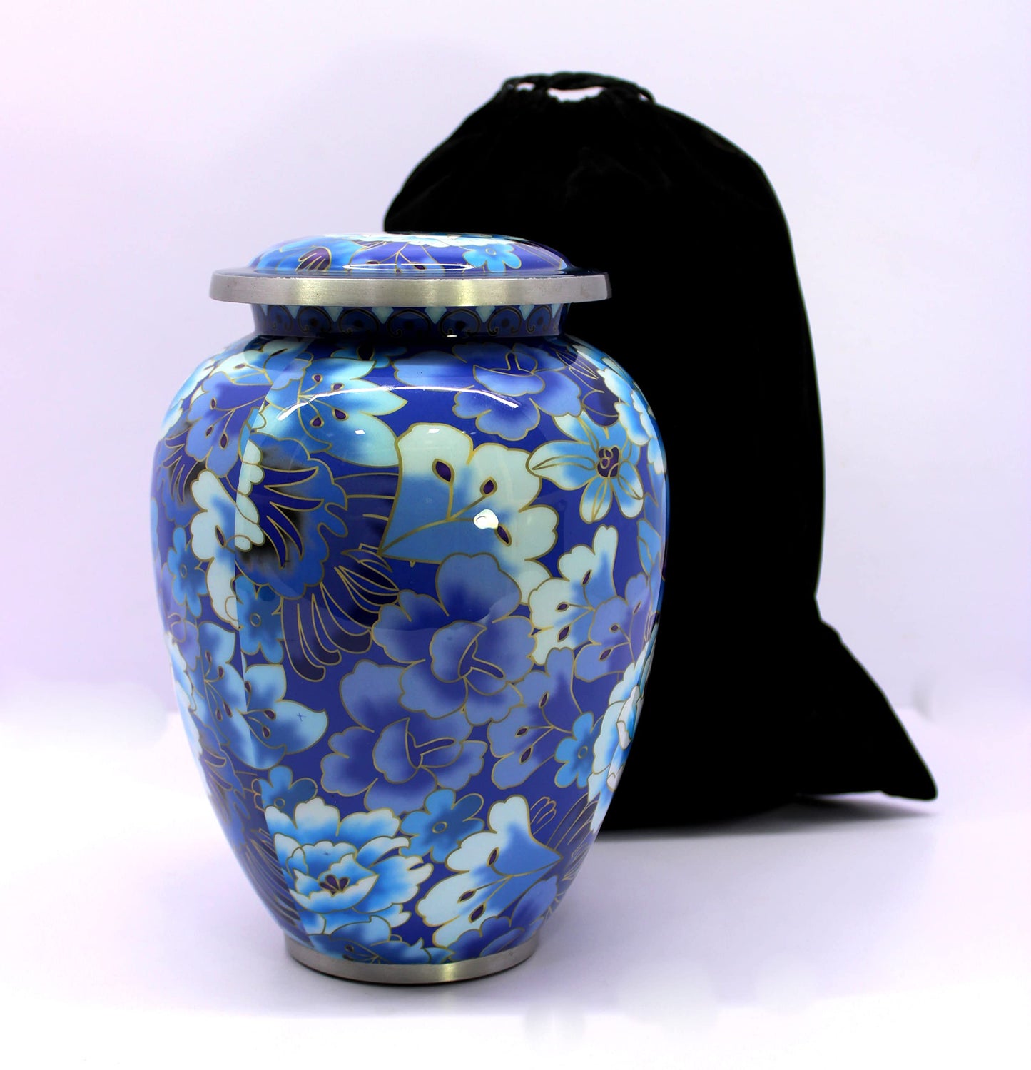eSplanade Metal Cremation Urn Memorial Jar Pot Container | Full Size Urn for Funeral Ashes Burial | Flowers Printed Urn | Blue, Brown, Multicolor - 10" Inches