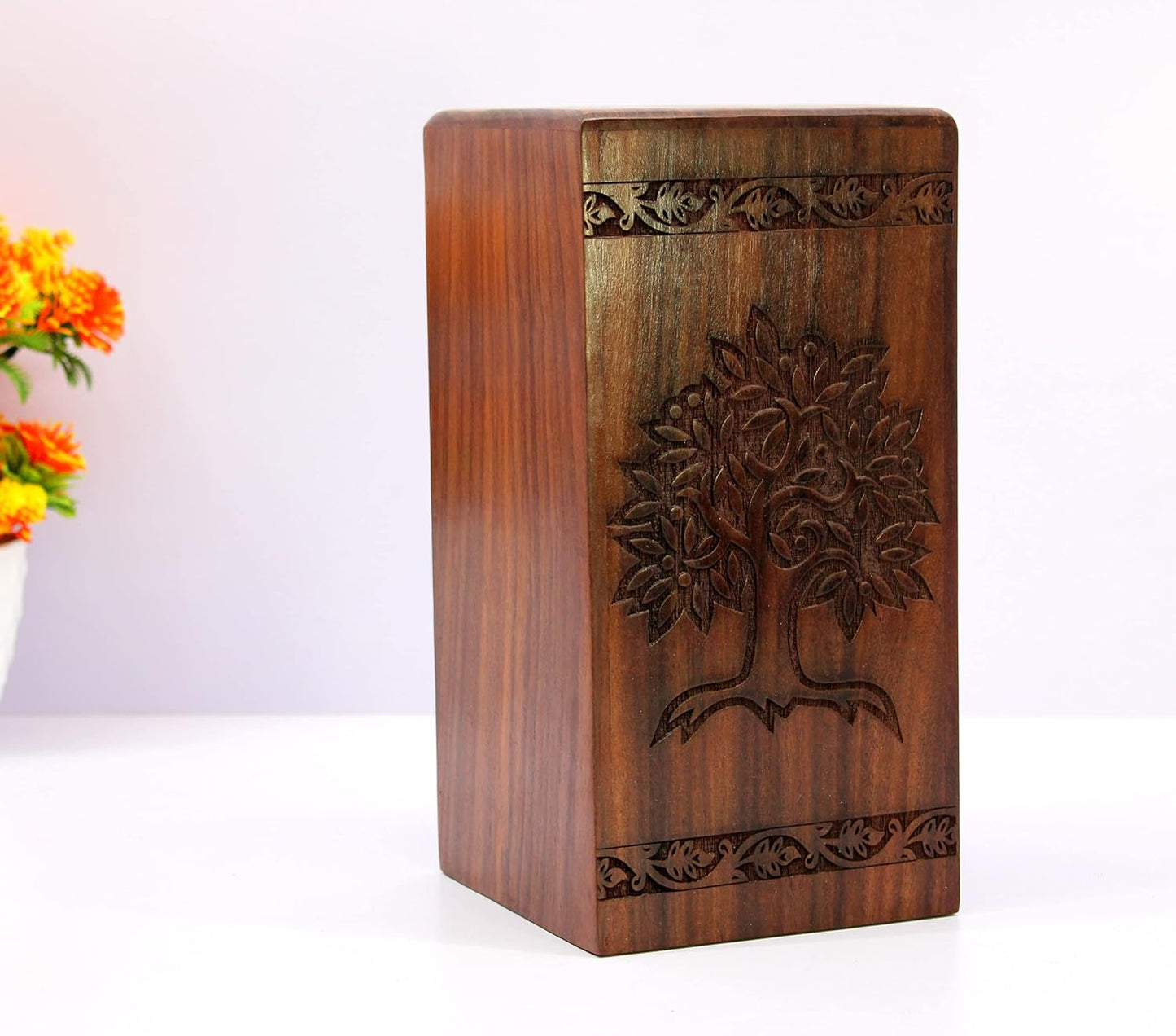 eSplanade Wooden Cremation Urn Memorial Jar Pot Container | Full Size Urn for Funeral Ashes Burial | Tree of Life Engraved Wooden Urn | Beige & Brown- 10" Inches