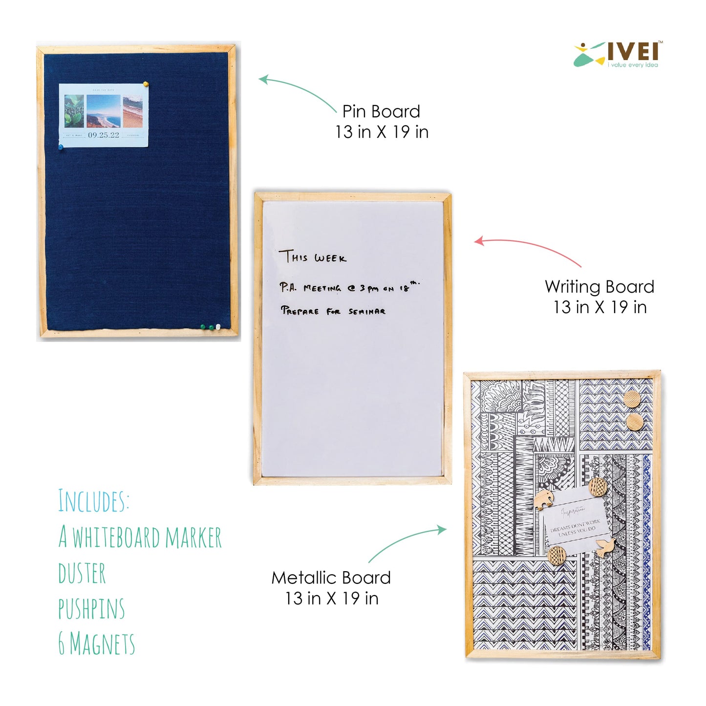 IVEI Combination Board with Magnet Board, Pin Board & Whiteboard- Set of 3- Dark Blue -Innovative Organizer for Kids and Adults with Magnets- To Do Boards - Best Gift for Home, Office, School- (Big) Blue, Pink,Orange