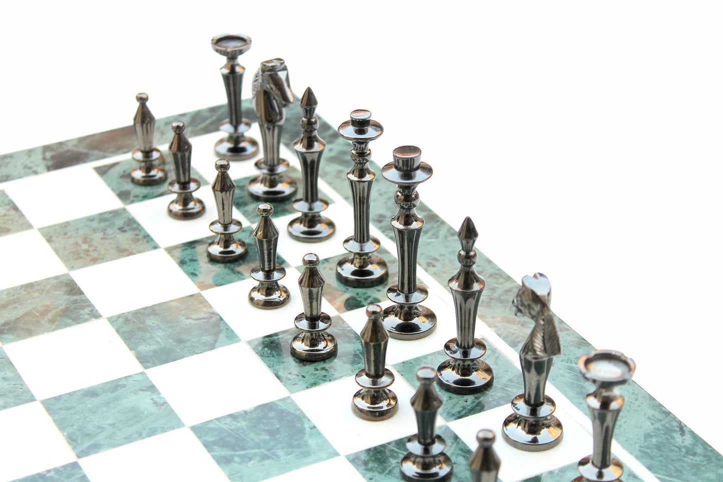 StonKraft Collectible Green Marble Chess Board Set + Brass Wooden Combo Pieces Pawns - Decorative Stone Chess - Home Decor
