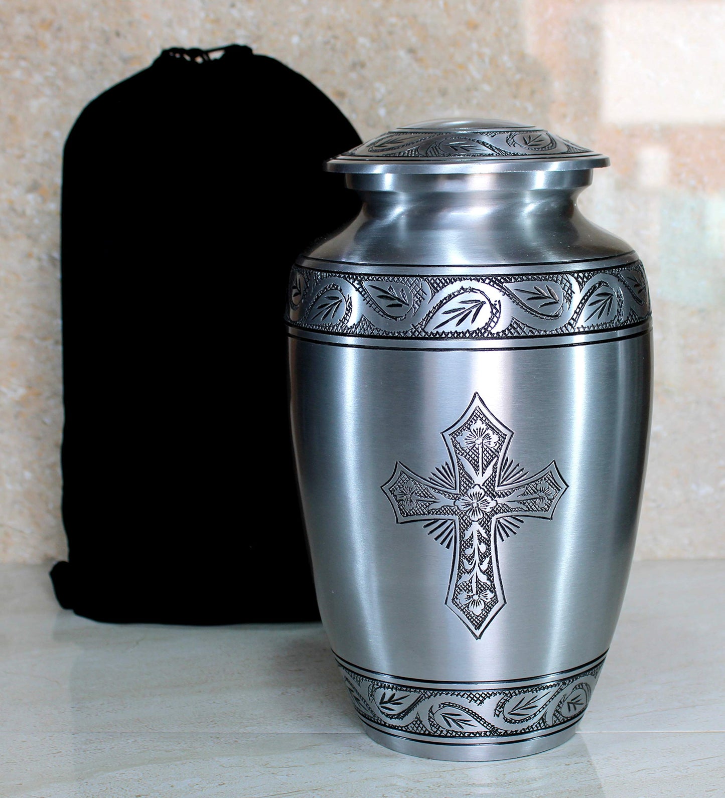 eSplanade Brass Cremation Urn Memorial Jar Pot Container | Full Size Urn for Funeral Ashes Burial | Holy Cross Printed Urn | Black - 10" Inches