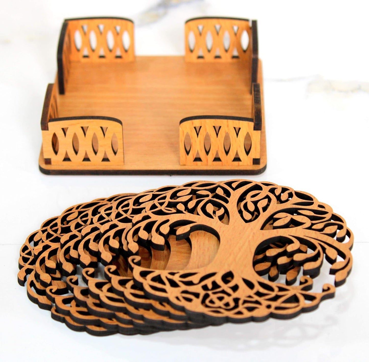 Esplanade Wooden Coasters for DIY Activities,Craft,Decoupage,Painting,Resin Work - 6 Coasters with Holder (Kalpavriksha Tree of Life Design)