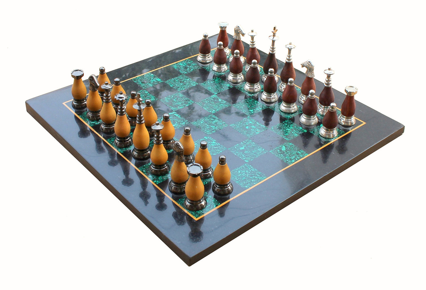 StonKraft Collectible Black Marble and Malachite Chess Board Set + Wooden Brass Combo Chess Pieces - Decorative Stone Chess - Home Decor