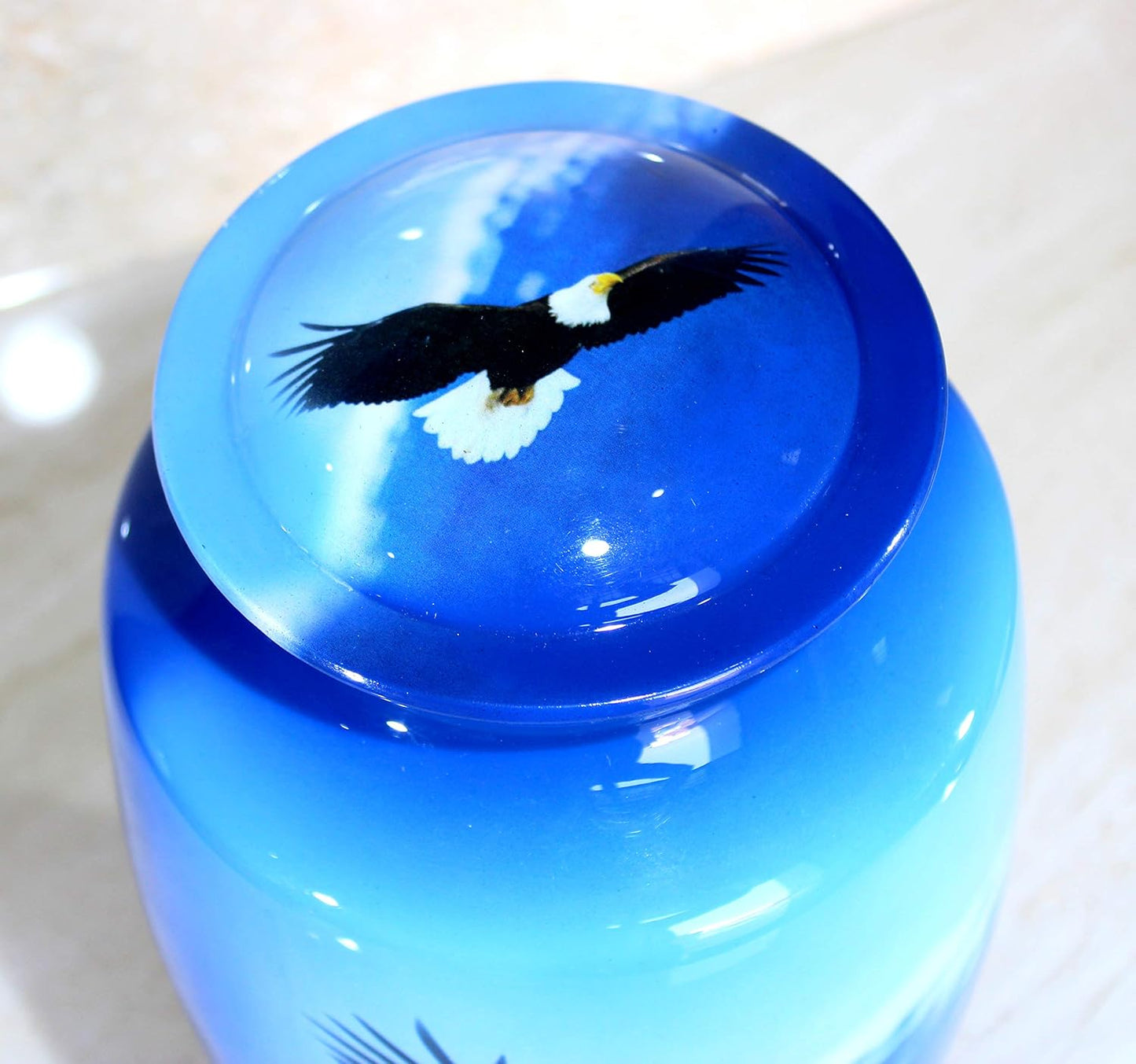 eSplanade Metal Cremation Urn Memorial Jar Pot Container | Full Size Urn for Funeral Ashes Burial | Falcon Printed Urn , Seagull Printed Urn ,White Pigeon Print | Blue - 10" Inches