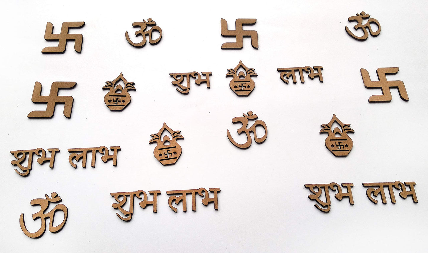 IVEI DIY MDF Cutouts of Sathiya, Shubh, Labh, Kalash, Om for Diwali & Festivals - Plain MDF Blanks Cutouts (Small) for Painting Wooden Sheet Craft, Decoupage, Resin Artwork & Decoration - Set of 20