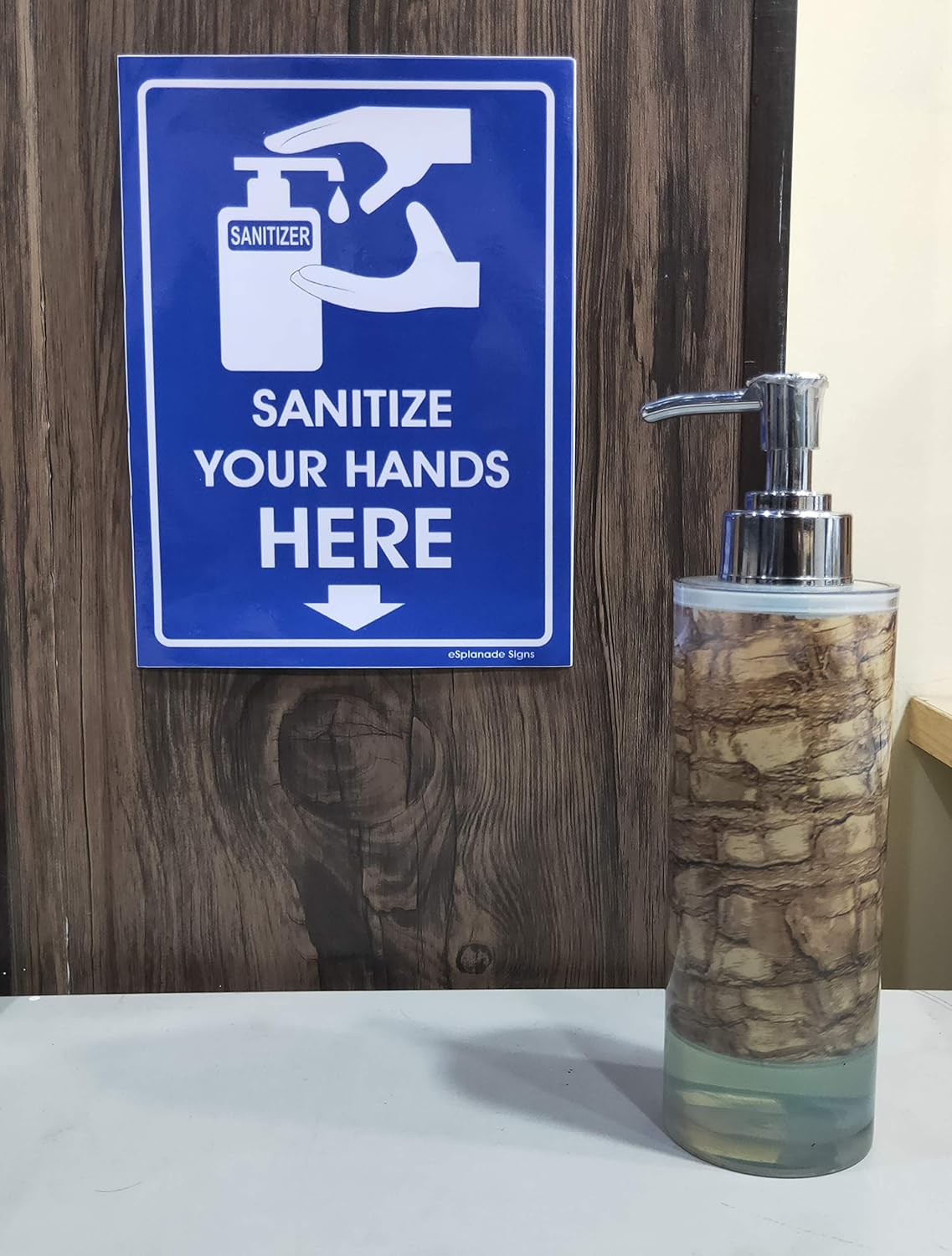 eSplanade No Mask No Entry and Sanitize Sign Sticker Decal - Easy to Mount Weather Resistant Long Lasting Ink Size (8" x 6")