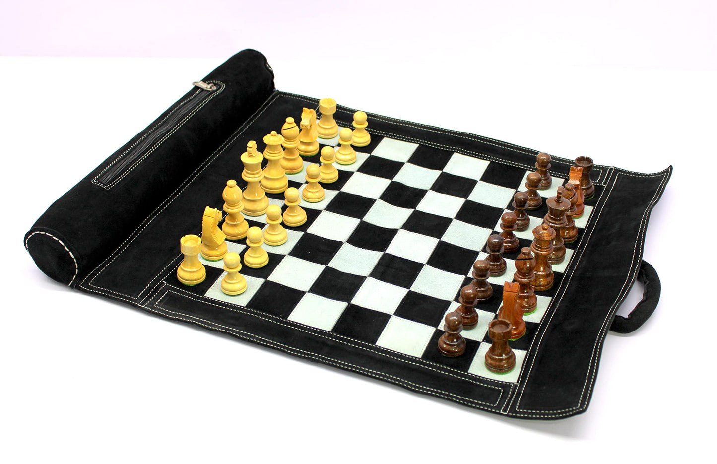 Stonkraft - 19" x 15" - Genuine Roll-Up Leather Chess Set - with Wooden Chess Pieces with Innovative Carry Pouch