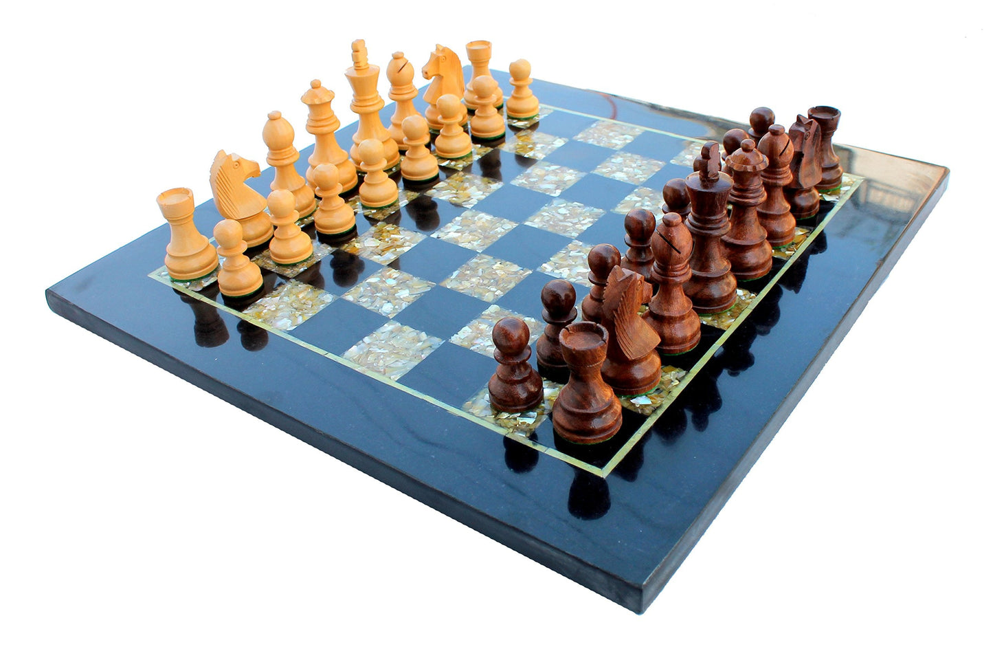 StonKraft Collectiblck e Black Marble & (MOP) Mother of Pearl Chess Board Set + Brass Chess Pieces - Decorative Stone Chess - Home Decor - 15" Inches