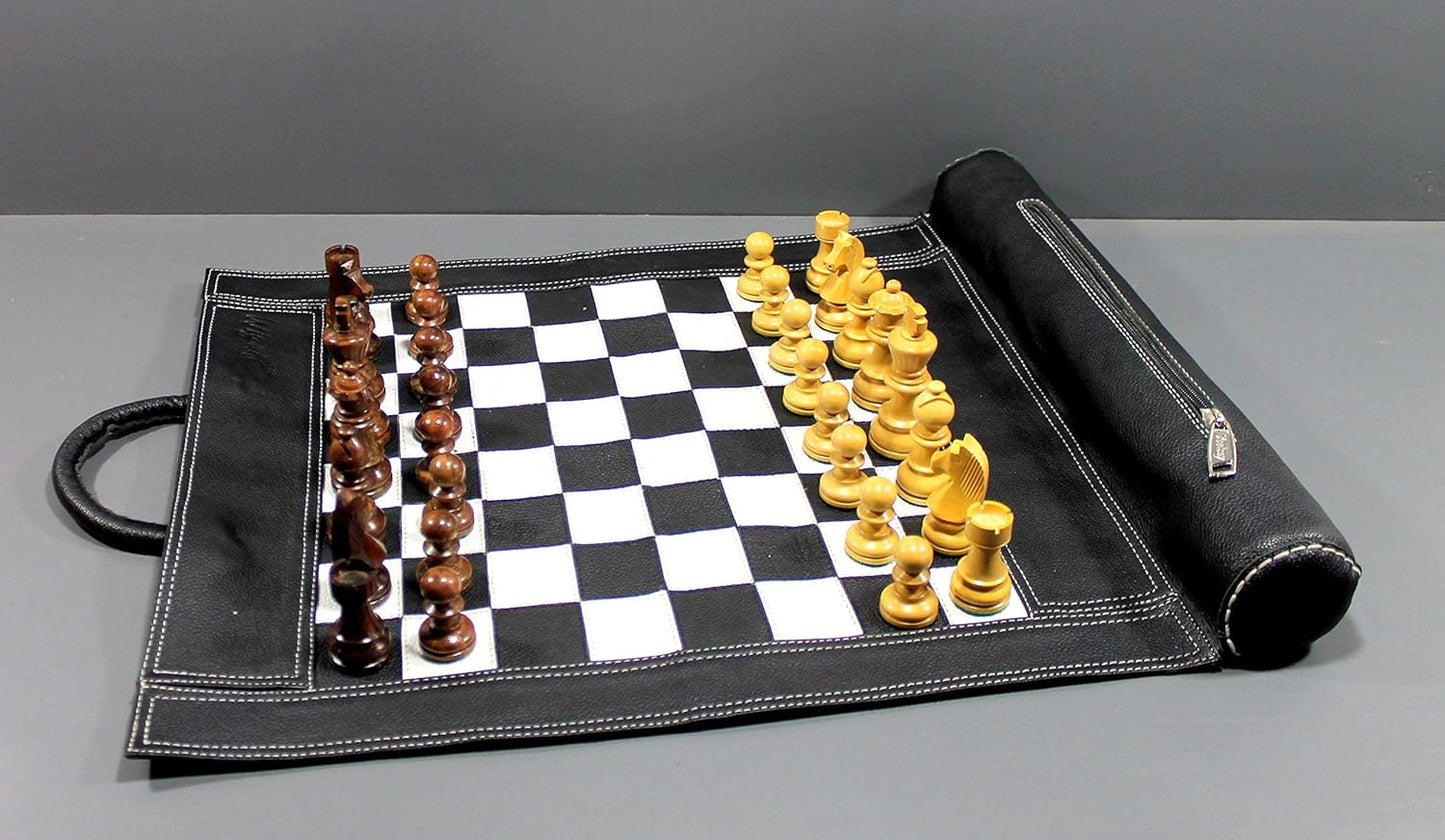 StonKraft - 19" x 15" (Chess Board Size 12" x 12") Roll-Up Leather Chess Set with Wooden Chess Pieces | Comes with Innovative Carry Pouch