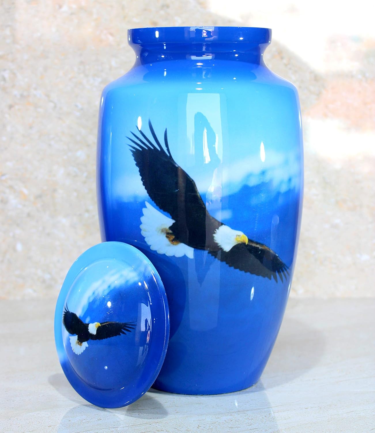 eSplanade Metal Cremation Urn Memorial Jar Pot Container | Full Size Urn for Funeral Ashes Burial | Falcon Printed Urn , Seagull Printed Urn ,White Pigeon Print | Blue - 10" Inches