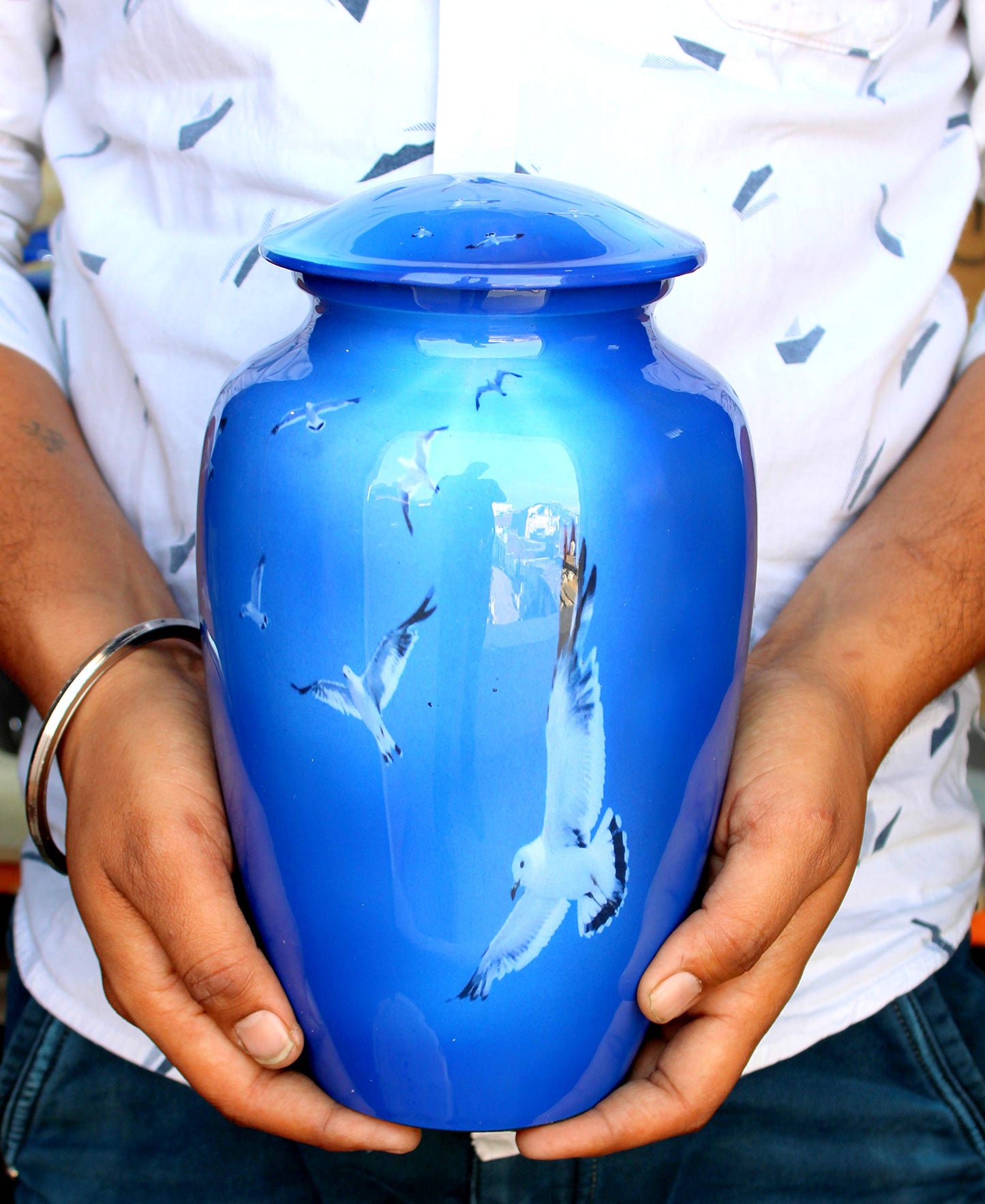 eSplanade Metal Cremation Urn Memorial Jar Pot Container | Full Size Urn for Funeral Ashes Burial | Falcon Printed Urn , Seagull Printed Urn ,White Pigeon Print | Blue - 10" Inches