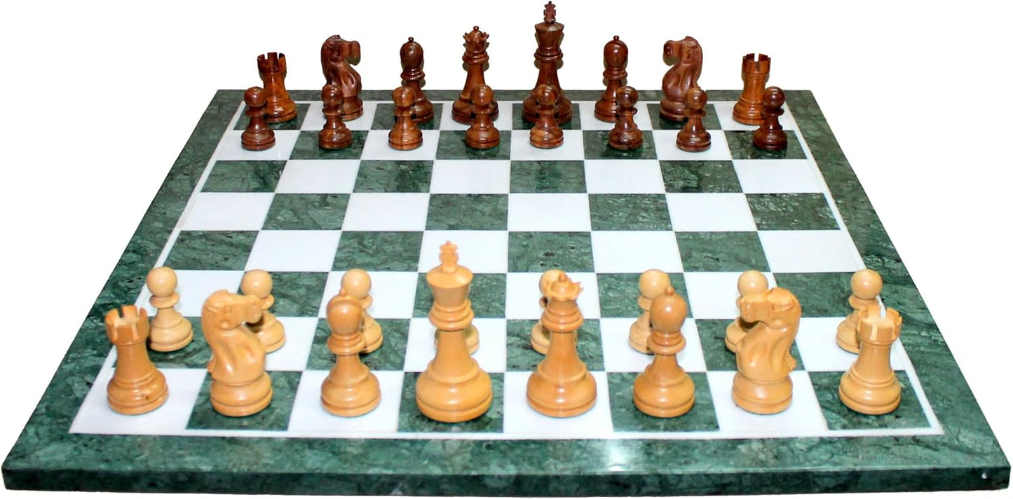 StonKraft Collectible Green Marble Chess Board Set + Brass Wooden Combo Pieces Pawns - Decorative Stone Chess - Home Decor