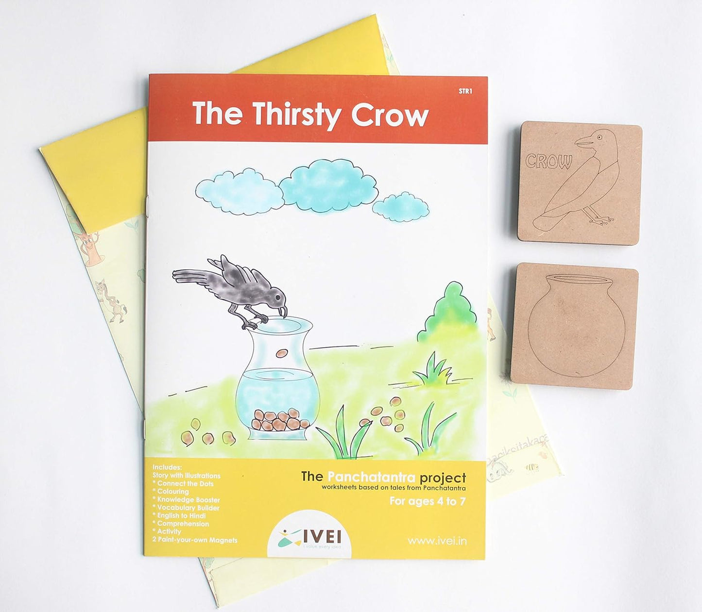 IVEI Panchatantra Kids Learning Book - Workbook and 2 DIY Magnets of Panchatantra Story - Colouring Activity Worksheets - Creative Fun Activity and Education For Kids - The Thristy Crow ( Age 4 to 7 Years )
