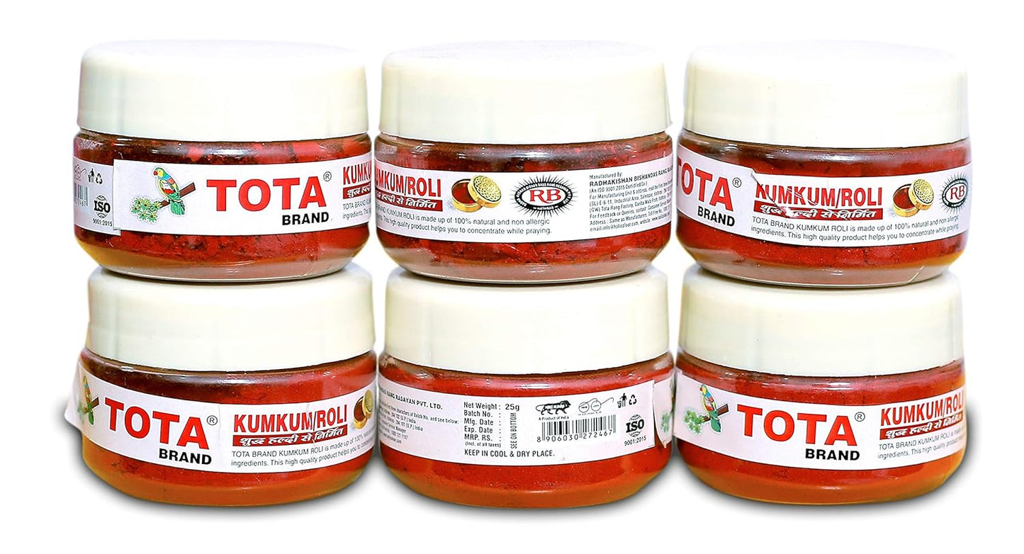 TOTA Pure Kumkum Haldi Roli for Puja Tilak (150 gm - 25gm Each, Red) - Combo of 6 Boxes