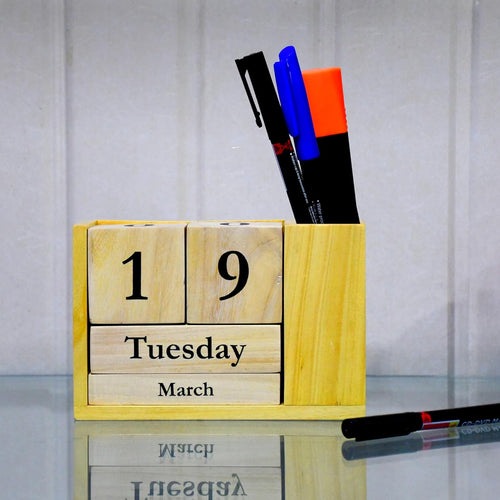 IVEI Wooden Desk Calendar with Pen Holder - Perpetual Calendar, Minimal Organizer for Study Table, Office Table Decoration Items Showpieces, Stationery Items