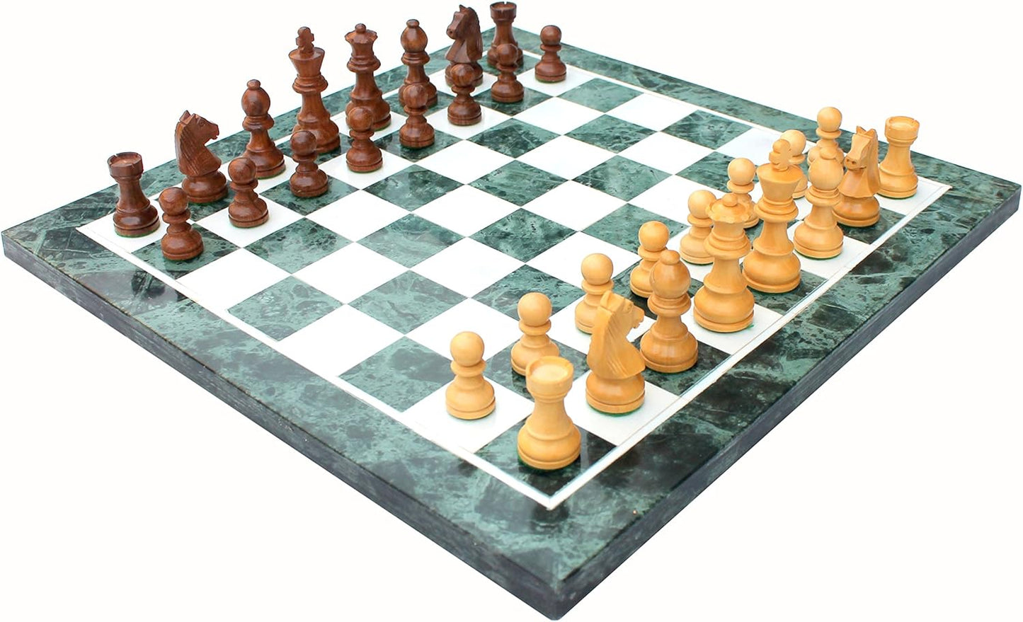 StonKraft Collectible Green Marble Chess Board Set + Brass Wooden Combo Pieces Pawns - Decorative Stone Chess - Home Decor