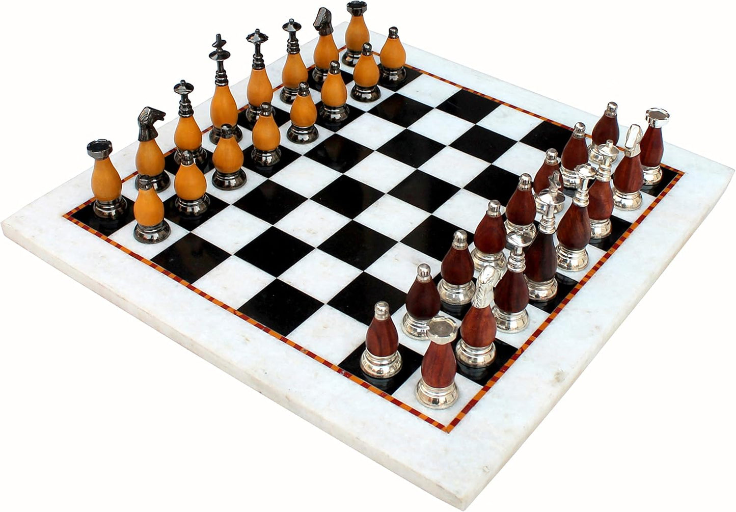 StonKraft Collectible Black & White Marble Chess Board Set + Brass Crafted Chess Pieces Pawns - Decorative Stone Chess - Home Decor - 15" Inches