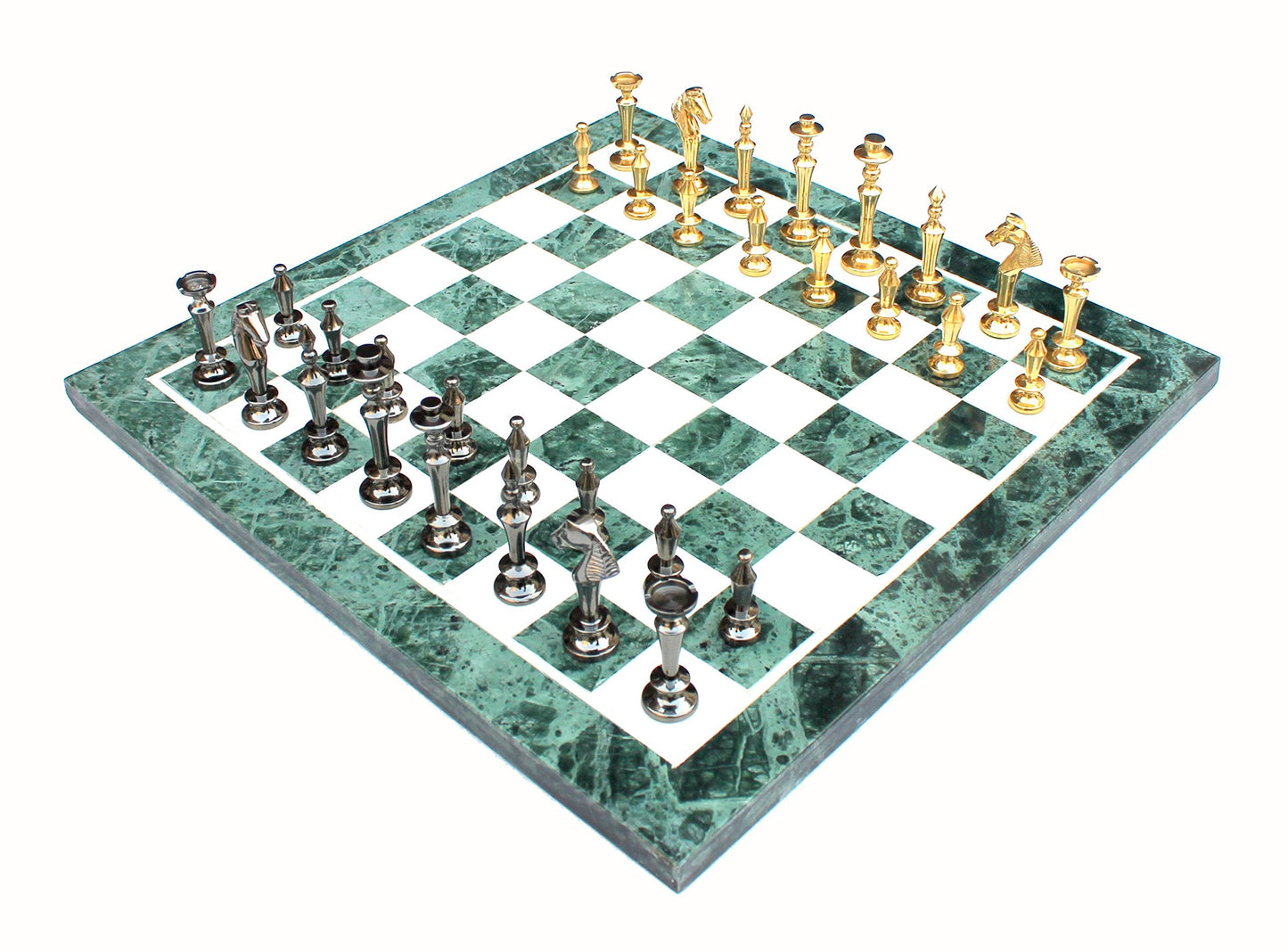 StonKraft Collectible Green Marble Chess Board Set + Brass Wooden Combo Pieces Pawns - Decorative Stone Chess - Home Decor