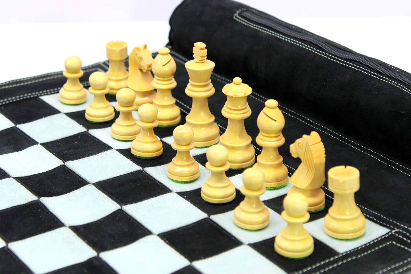Stonkraft - 19" x 15" - Genuine Roll-Up Leather Chess Set - with Wooden Chess Pieces with Innovative Carry Pouch