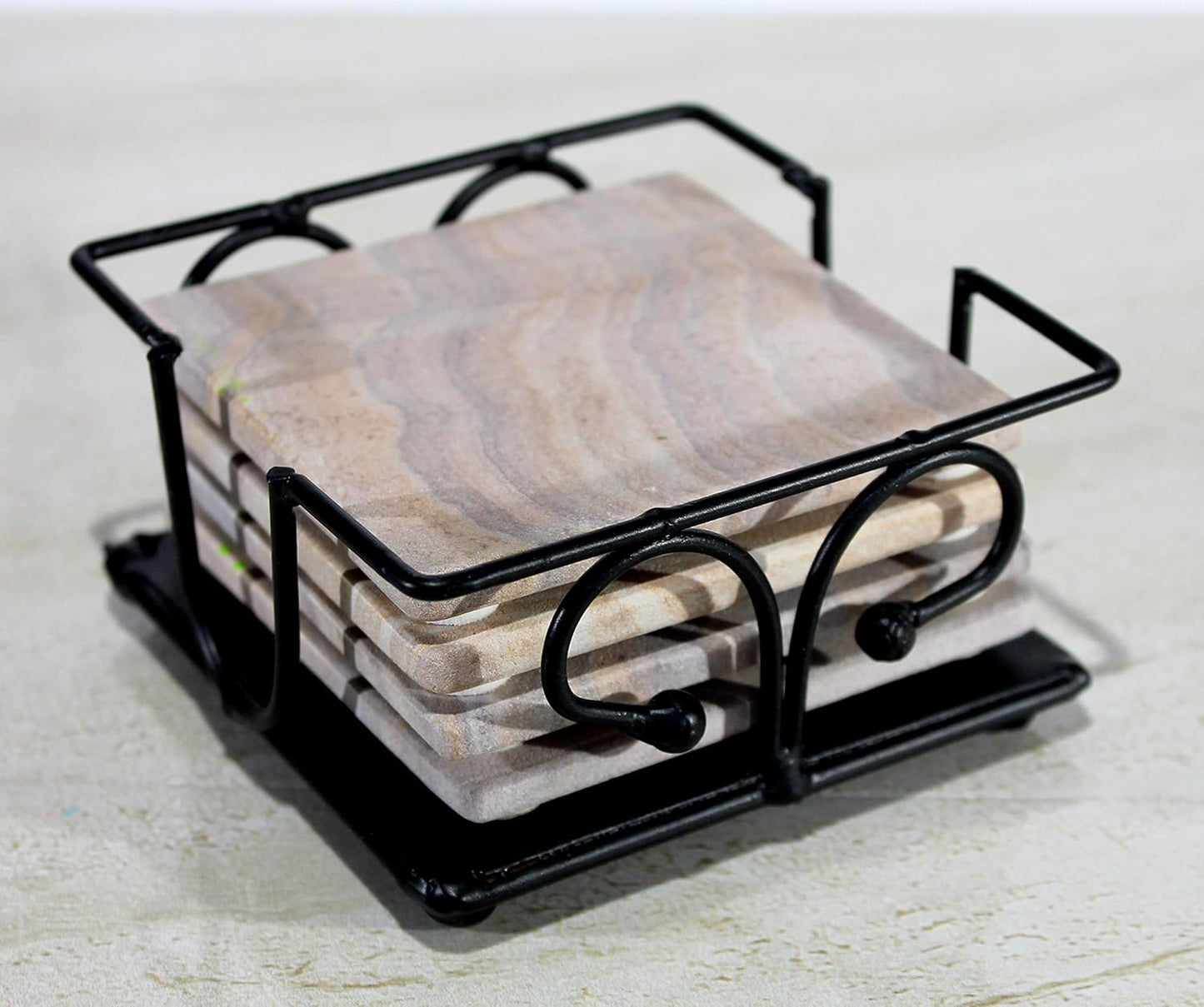 KLEO Sand Stone Tea Coffee Coasters Coaster Set Coasters with Wrought Iron Holder (Square) (Sand Colour)