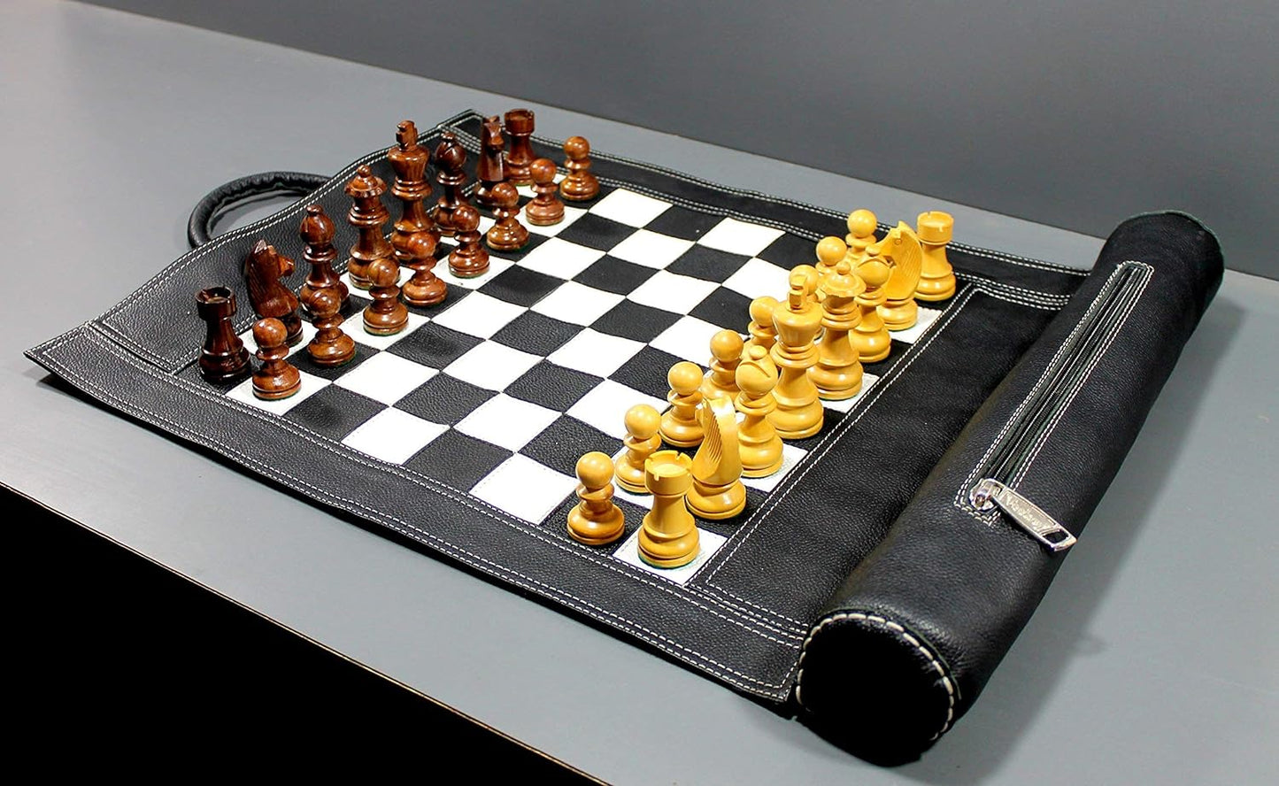 StonKraft - 19" x 15" (Chess Board Size 12" x 12") Roll-Up Leather Chess Set with Wooden Chess Pieces | Comes with Innovative Carry Pouch