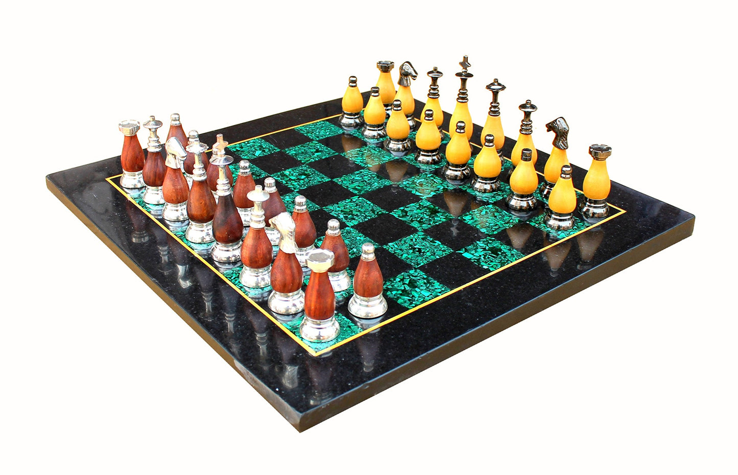 StonKraft Collectible Black Marble and Malachite Chess Board Set + Wooden Brass Combo Chess Pieces - Decorative Stone Chess - Home Decor