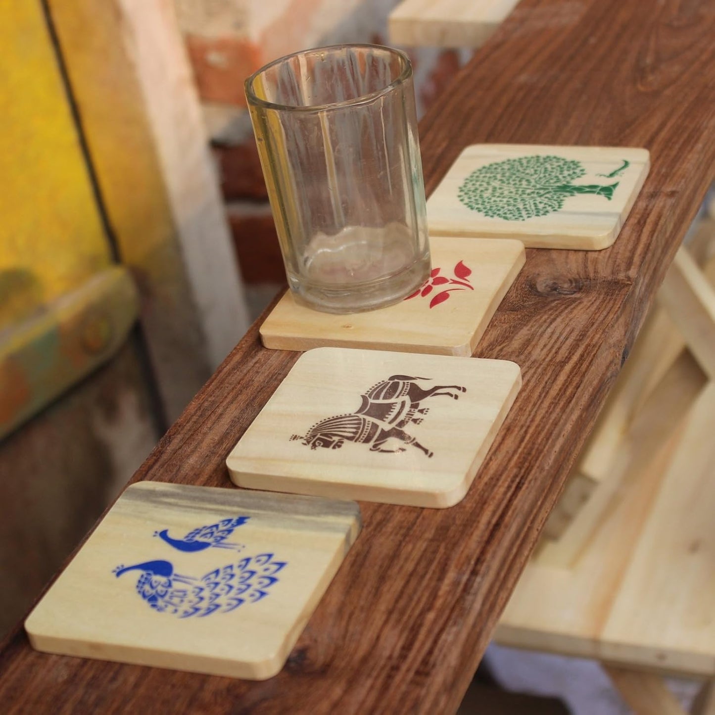 IVEI Sanjhi Print Wooden Coasters - Wood Table Coaster - Dinner Decor Centerpiece Wooden Coaster for Home Kitchen, Office Desk - Decorative Holder for Tea, Coffee Cups - Tabletop Coasters - Set of 4