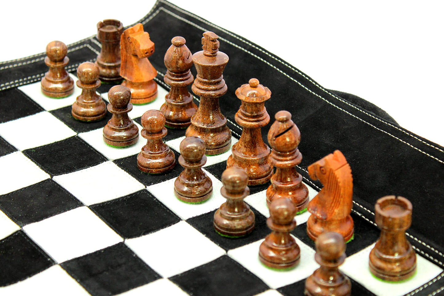 Stonkraft - 19" x 15" - Genuine Roll-Up Leather Chess Set - with Wooden Chess Pieces with Innovative Carry Pouch