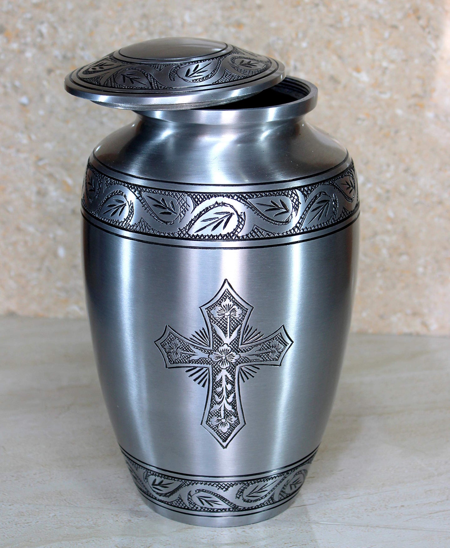 eSplanade Brass Cremation Urn Memorial Jar Pot Container | Full Size Urn for Funeral Ashes Burial | Holy Cross Printed Urn | Black - 10" Inches