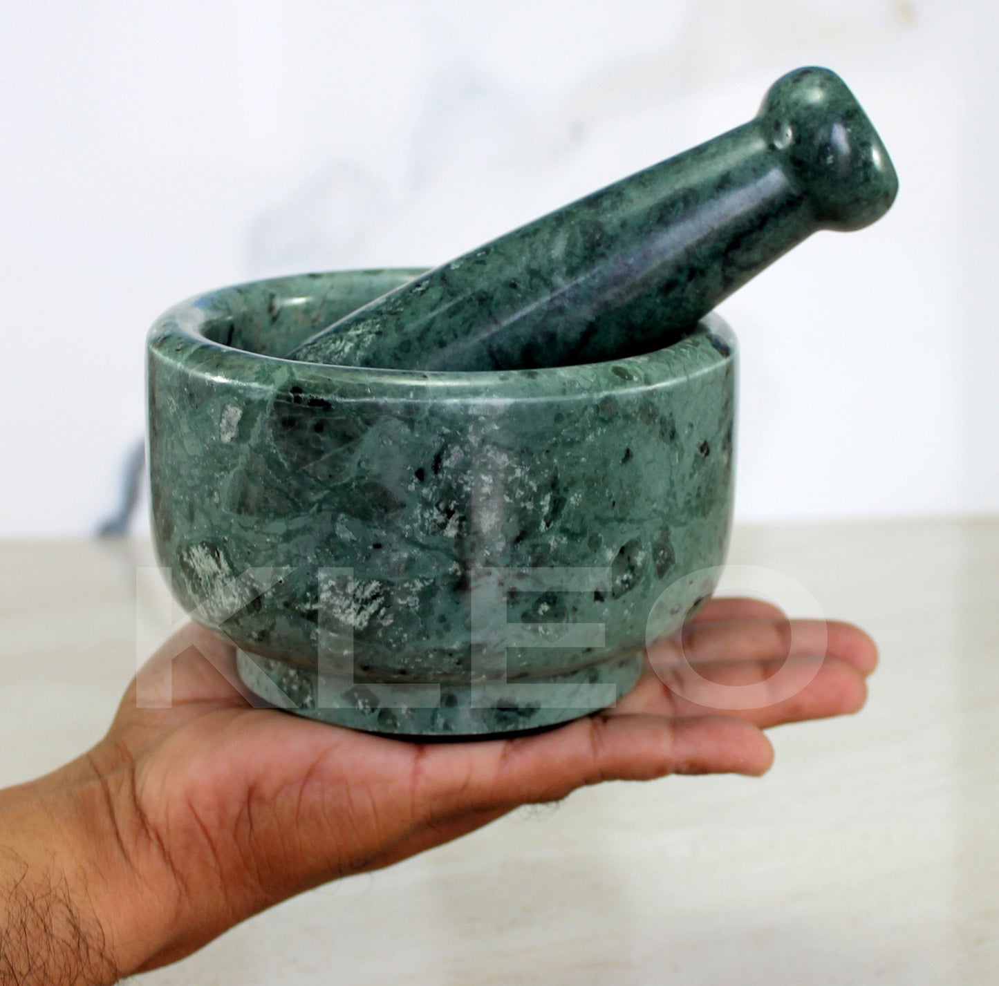 KLEO 5" Diameter Natural Stone Mortar and Pestle Set as Spice Grinder, Medicine Masher - Okhli & Musal (Black, White, Green)