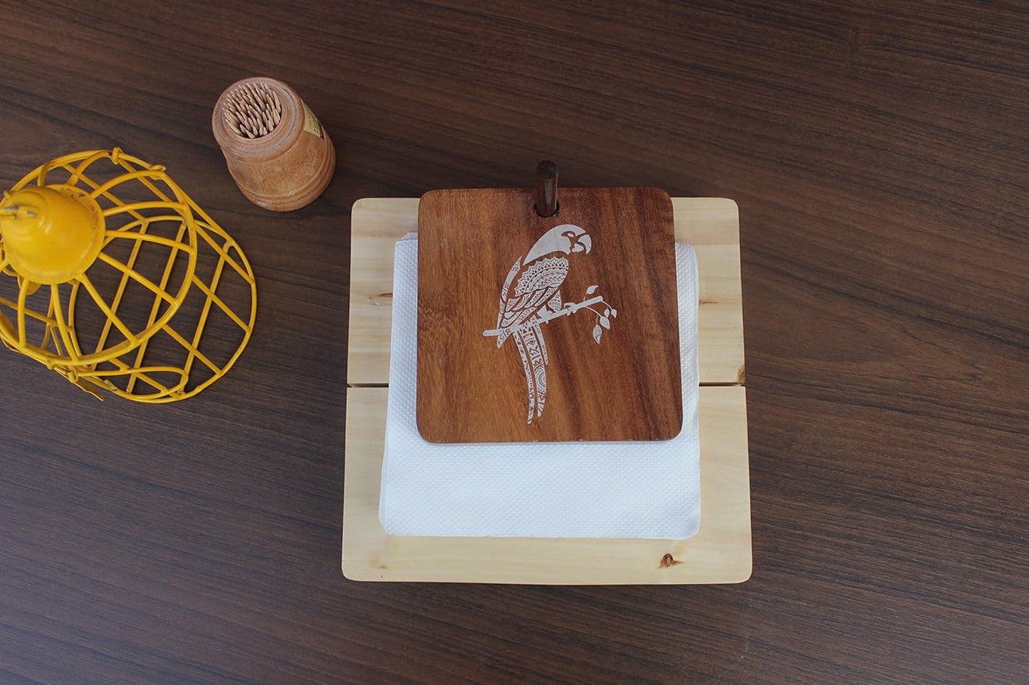 IVEI Wooden Tissue Holder – Mandala, Parrot, Gramophone Print Tissue Paper Holder - Smart Napkin Holder - Antique Handcrafted Decorative Wooden Holder - Tissue Holder for Table Office and Home